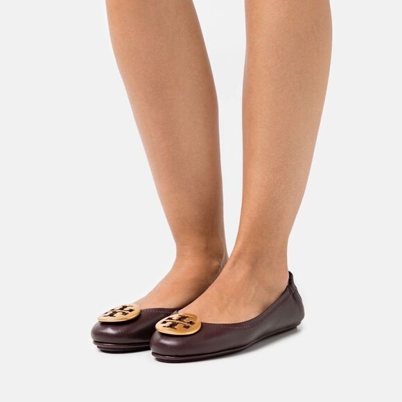 Tory Burch Mini Leather Travel Dark Brown and Gold Ballet Flats Size 5.5M - Picture 1 of 10